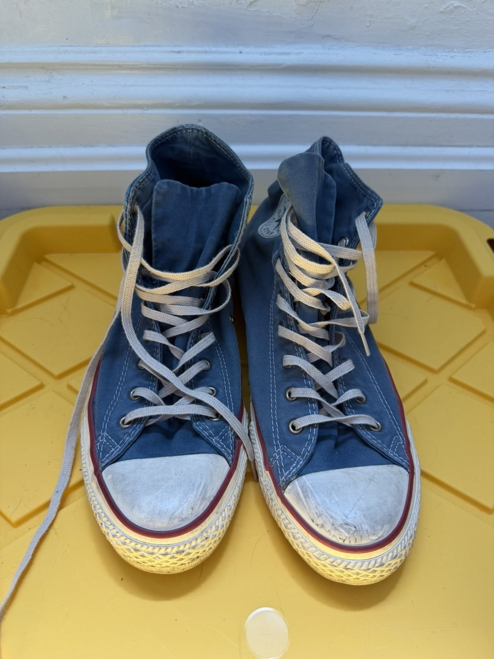 Converse High Top Sneakers in Blue with White Laces and Red Trim